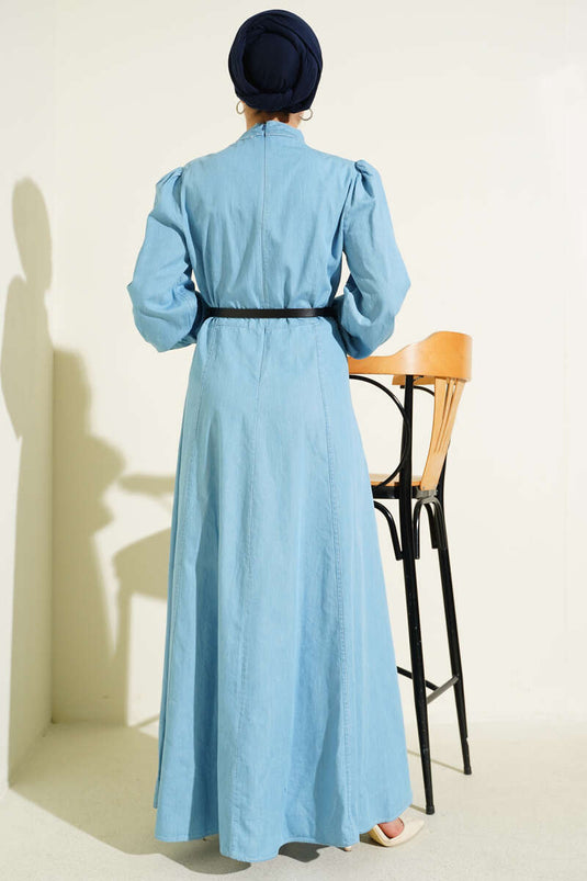 Flared Dress with Belt in Light Blue Denim Look