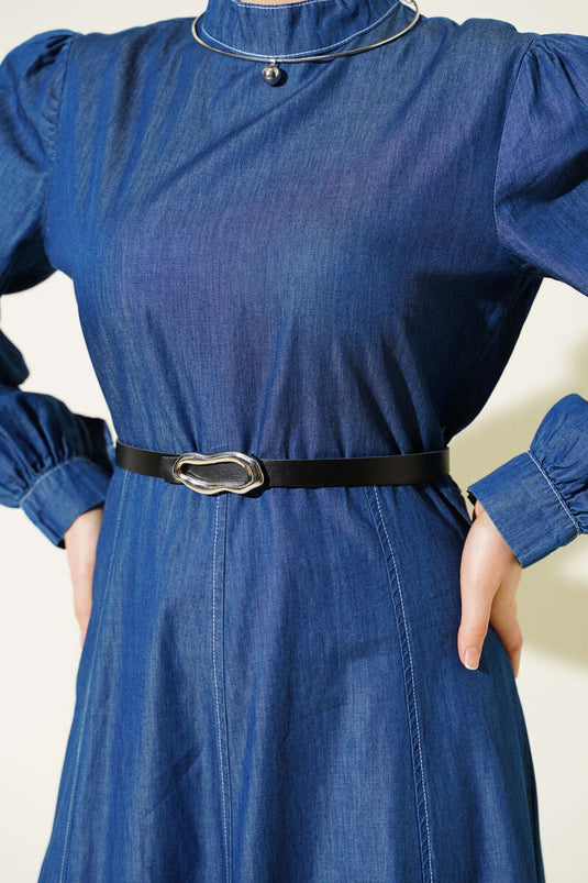 Kemerli Kot Görünümlü Kloş Elbise Mavi