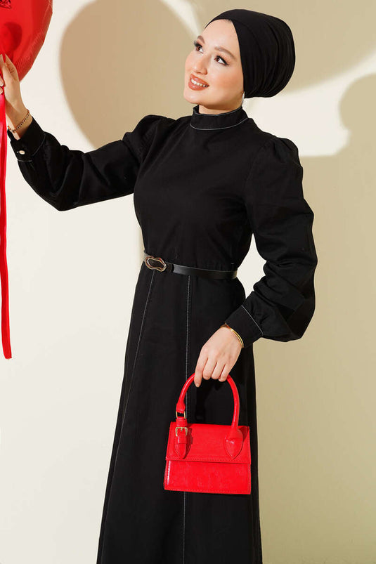 Black Flared Dress with Belt and Denim Look