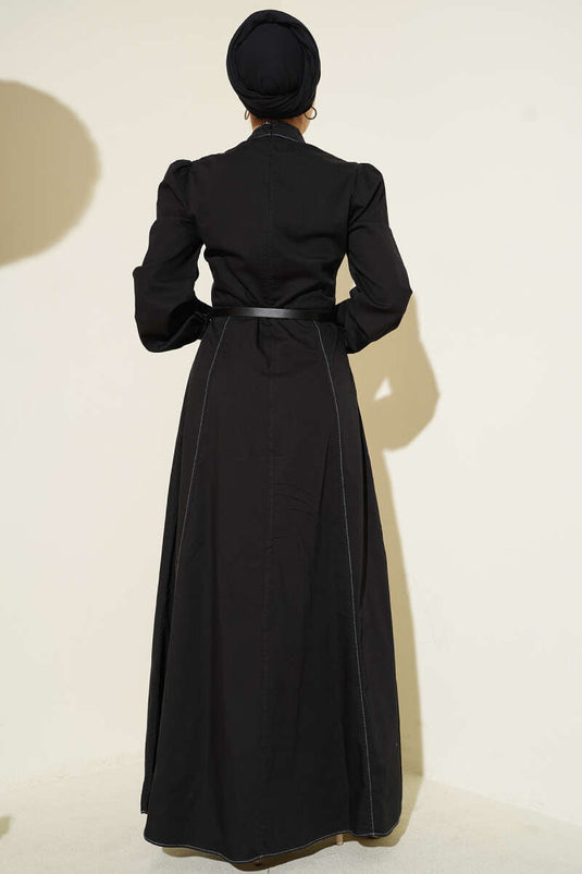 Black Flared Dress with Belt and Denim Look