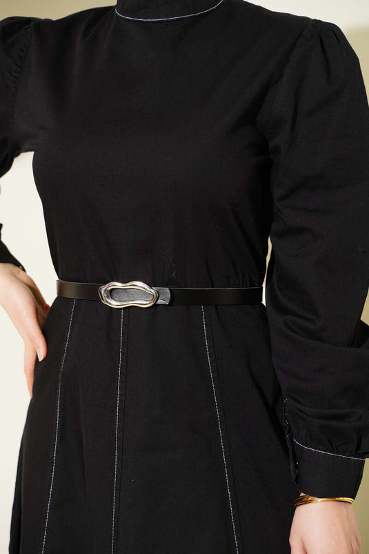 Black Flared Dress with Belt and Denim Look