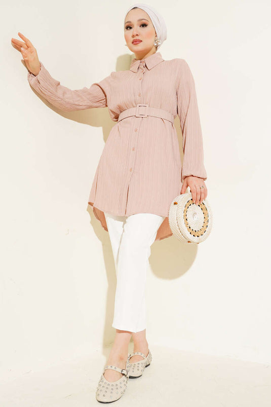 Kemerli Krinkıl Gömlek Bej