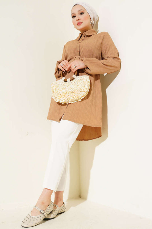 Kemerli Krinkıl Gömlek Latte