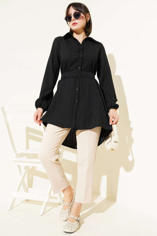 Kemerli Krinkıl Gömlek Siyah