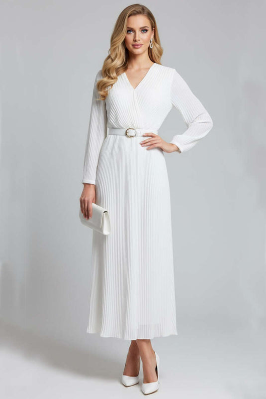 Robe midi plissée blanche à col cache-cœur et ceinture