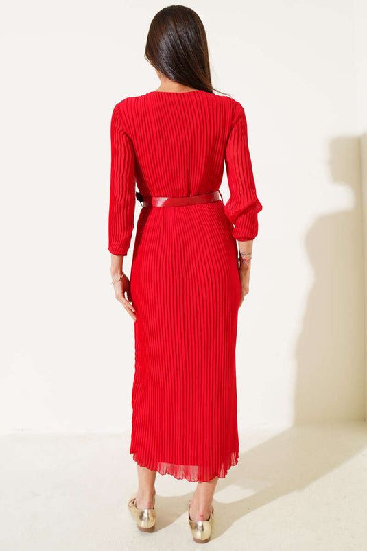 Belted Double-Breasted Pleated Midi Dress Red