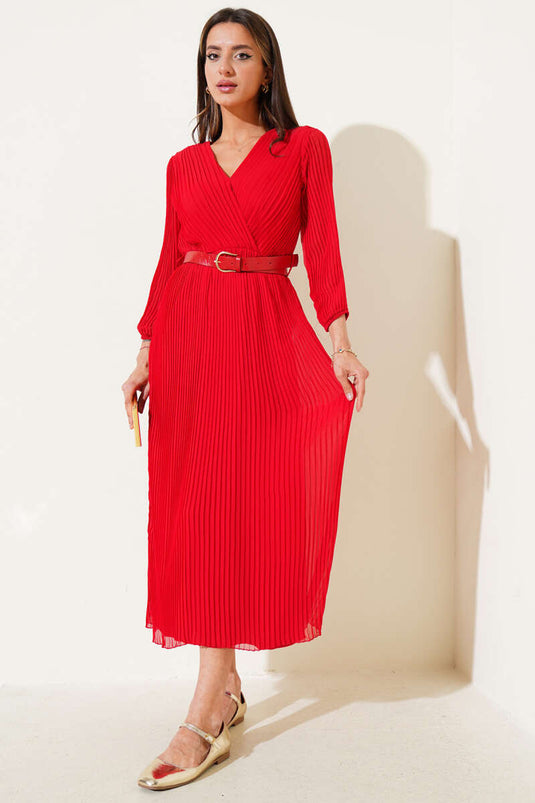 Belted Double-Breasted Pleated Midi Dress Red