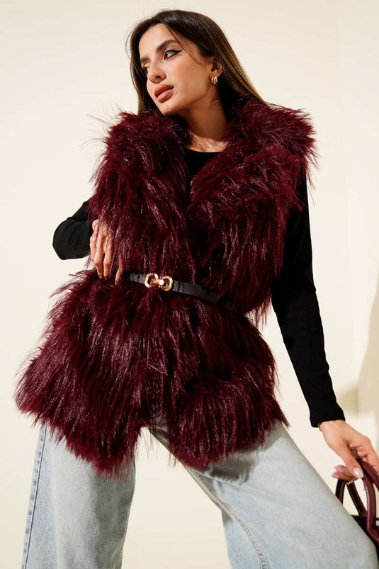 Kemerli Kürklü Lolita Yelek Bordo