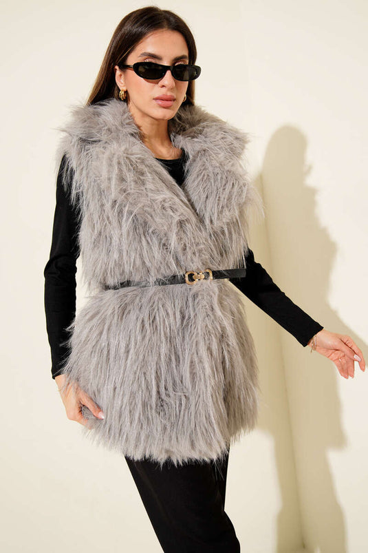 Kemerli Kürklü Lolita Yelek Gri