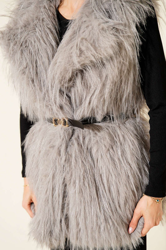 Kemerli Kürklü Lolita Yelek Gri