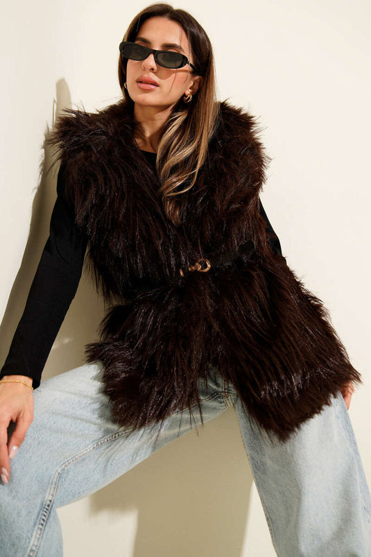 Kemerli Kürklü Lolita Yelek Kahve