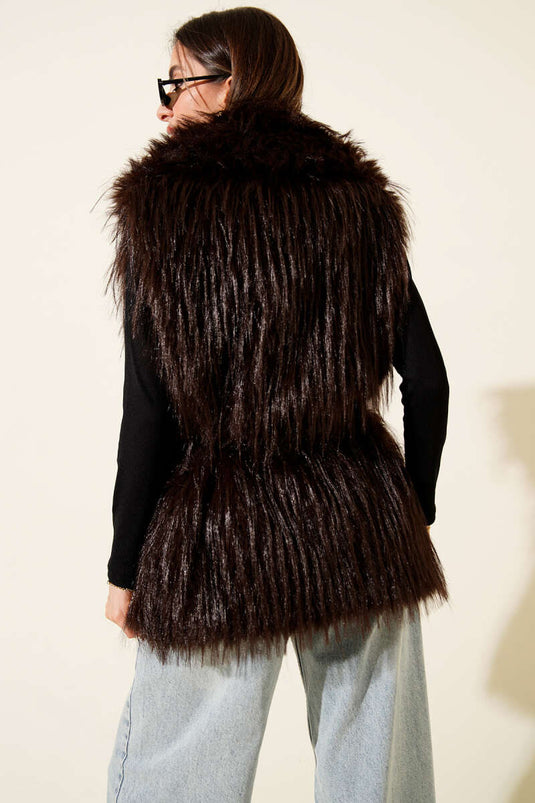 Kemerli Kürklü Lolita Yelek Kahve