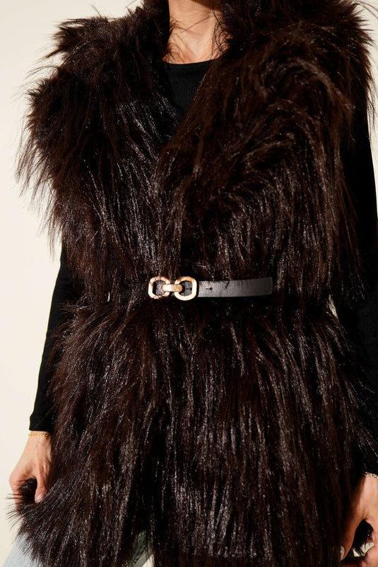 Kemerli Kürklü Lolita Yelek Kahve