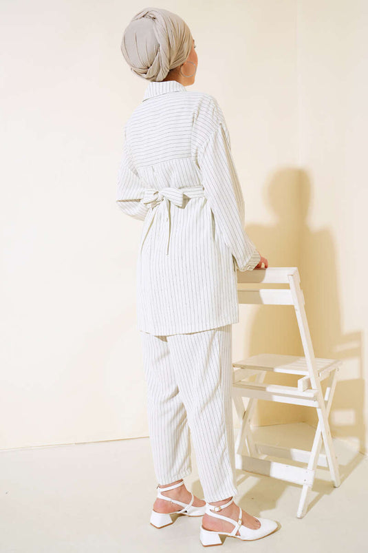 Kemerli Kuş Gözü Çizgili Takım Ekru