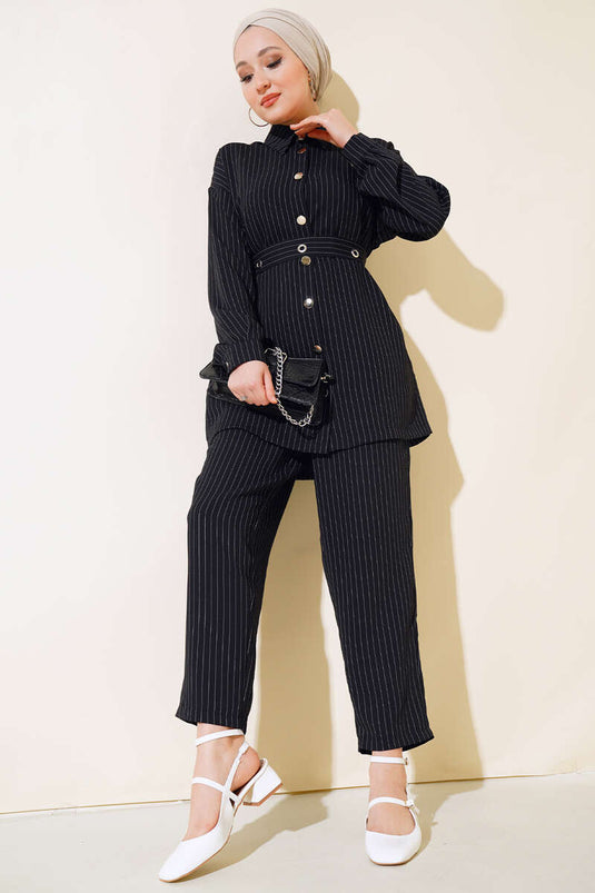 Kemerli Kuş Gözü Çizgili Takım Siyah