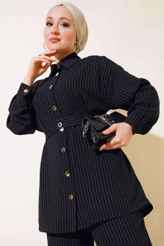 Kemerli Kuş Gözü Çizgili Takım Siyah