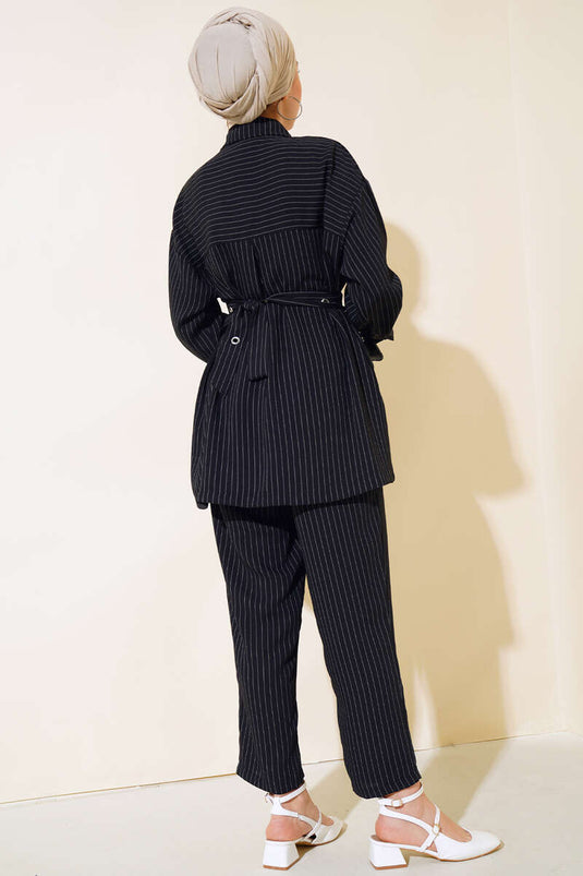 Kemerli Kuş Gözü Çizgili Takım Siyah