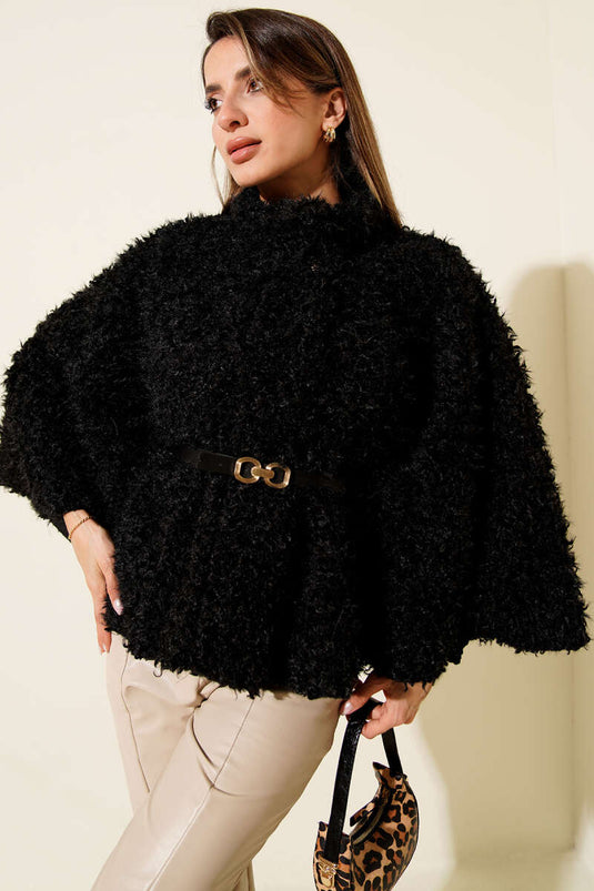 Poncho en agneau ceinturé noir