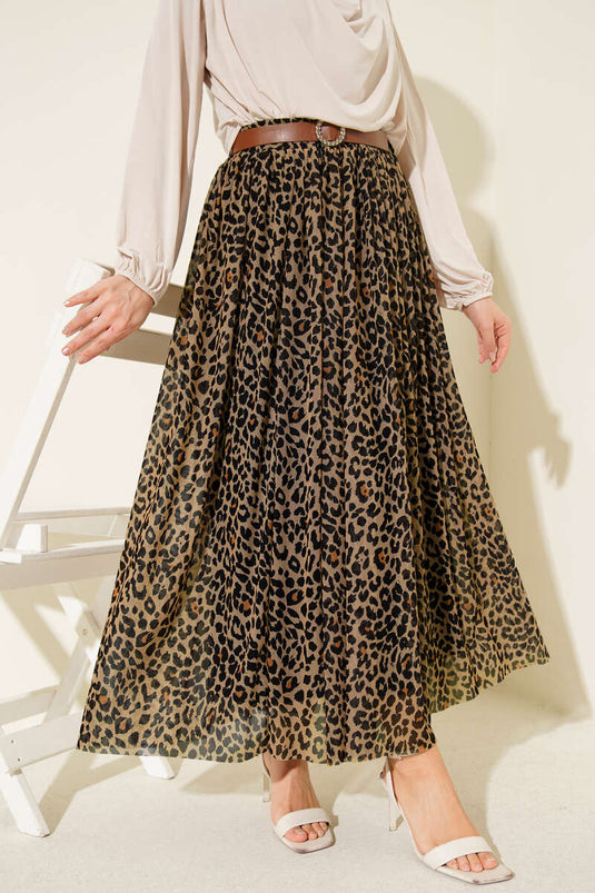 Beige Tulle Skirt with Belt and Leopard Pattern