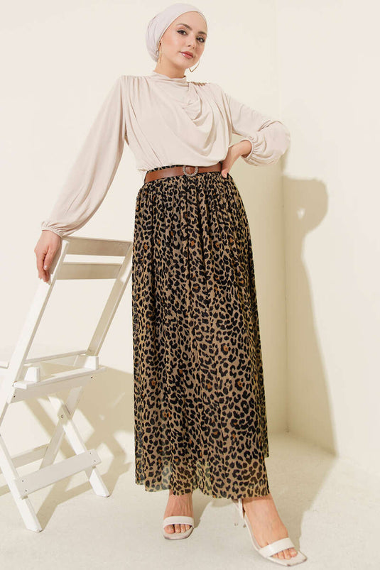 Beige Tulle Skirt with Belt and Leopard Pattern