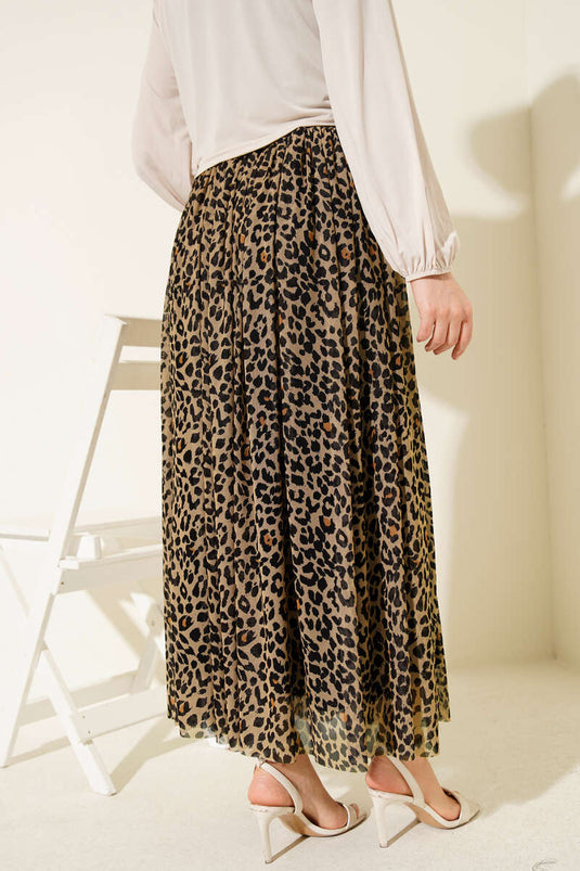 Beige Tulle Skirt with Belt and Leopard Pattern