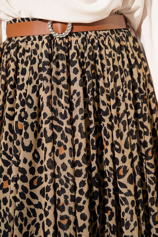 Beige Tulle Skirt with Belt and Leopard Pattern