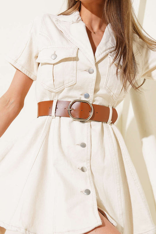 Belted Mini Denim Dress Beige