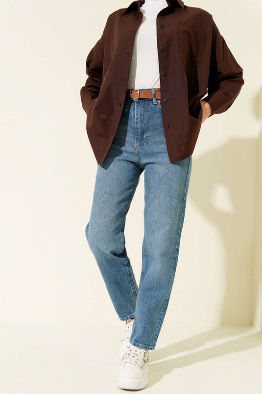 Jean mom ceinturé, bleu clair