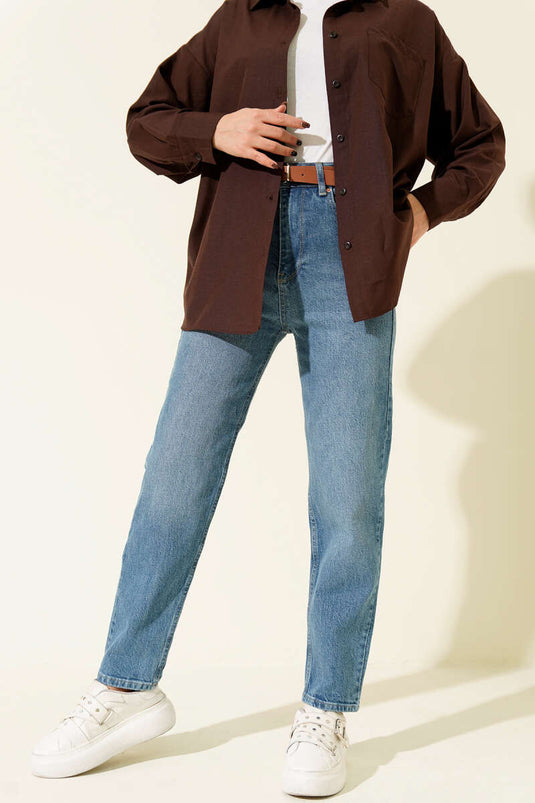 Kemerli Mom Jeans Pantolon Açık Mavi