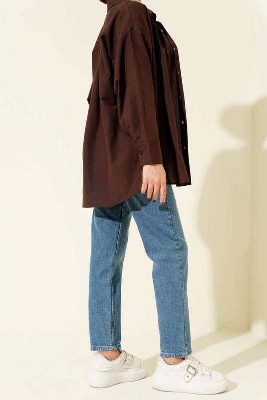 Kemerli Mom Jeans Pantolon Açık Mavi