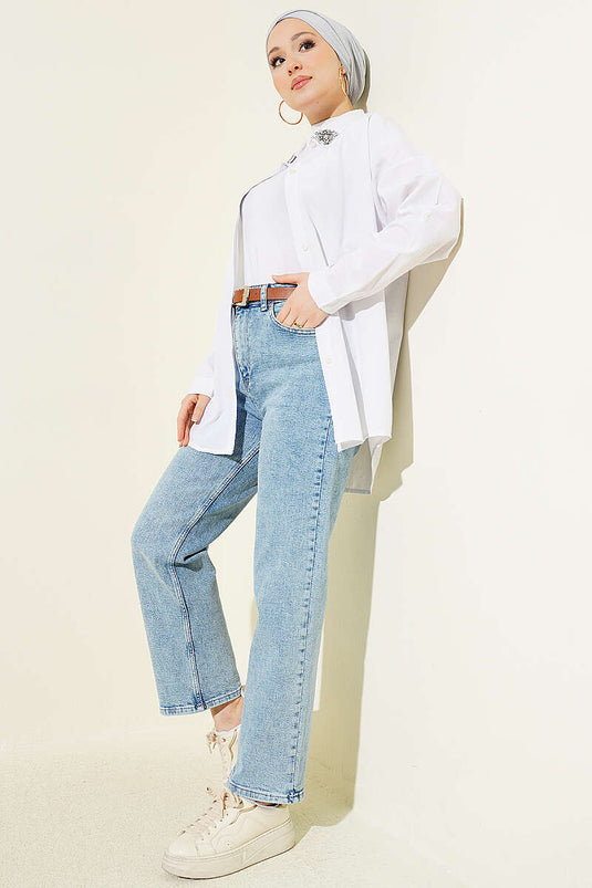 Kemerli Mom Jeans Pantolon Kar Açık