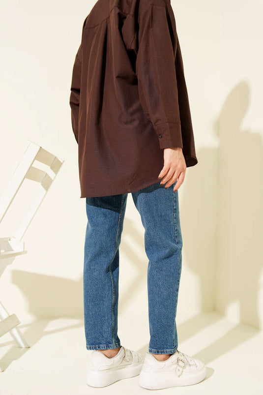 Kemerli Mom Jeans Pantolon Mavi