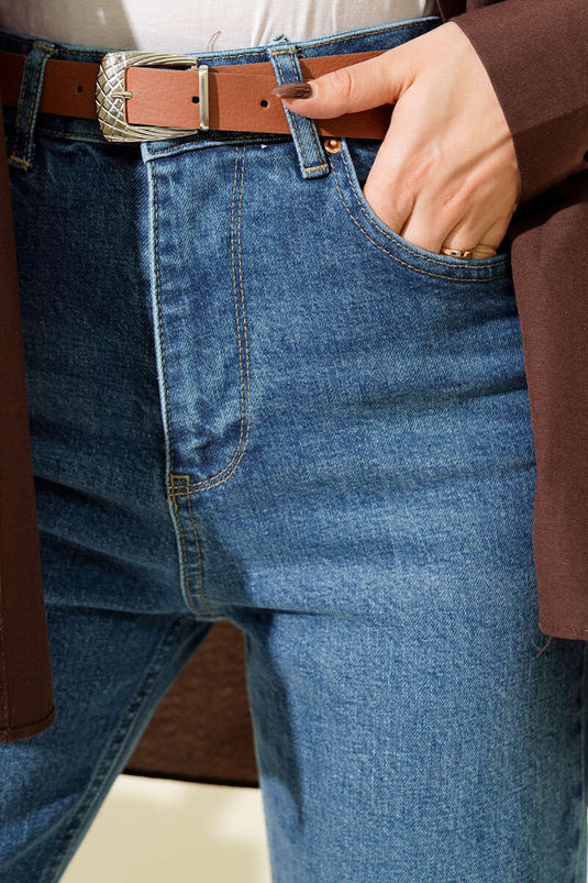 Kemerli Mom Jeans Pantolon Mavi