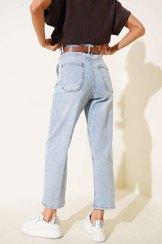 Pantaloni Mom in Jeans con Cintura Colore Chiaro
