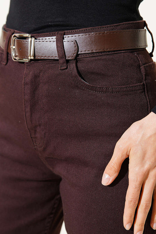 Mom Jeans with Belt Brown