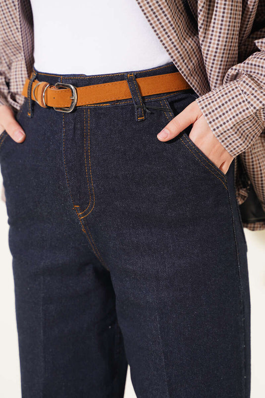 Vaqueros Mom Con Cinturón Azul Marino
