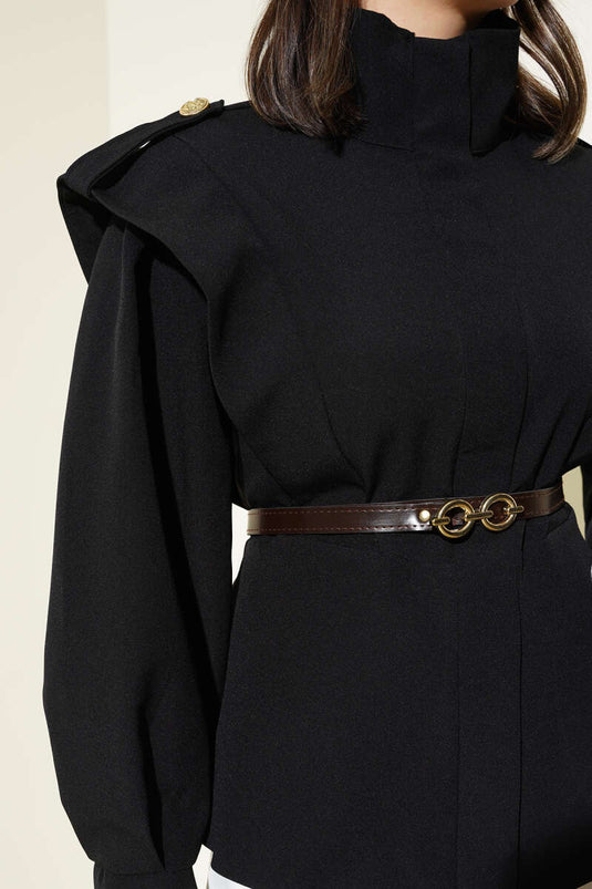 Kemerli Omuz Apoletli Ceket Siyah