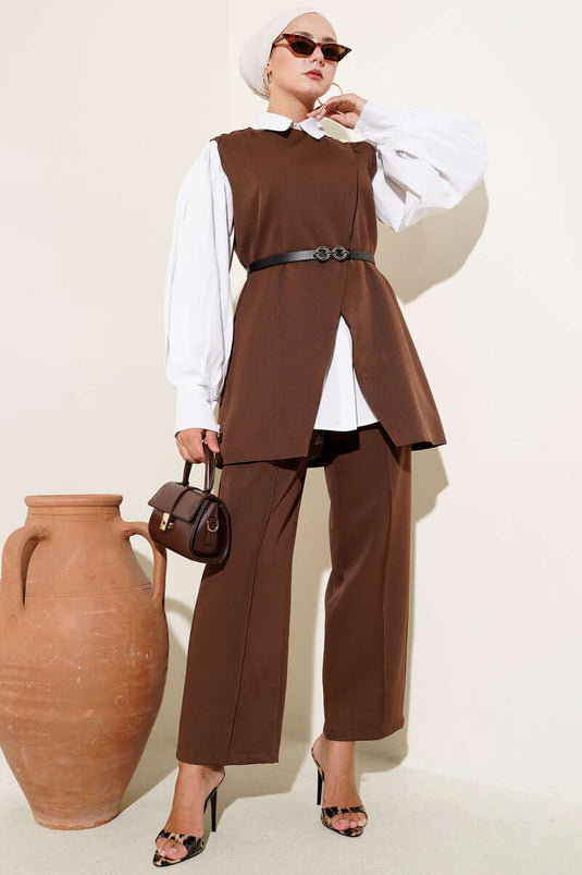 Kemerli Omuz Düğmeli Yelek İkili Takım Kahve