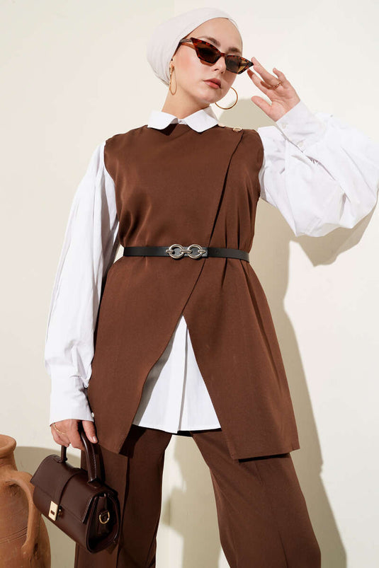 Kemerli Omuz Düğmeli Yelek İkili Takım Kahve