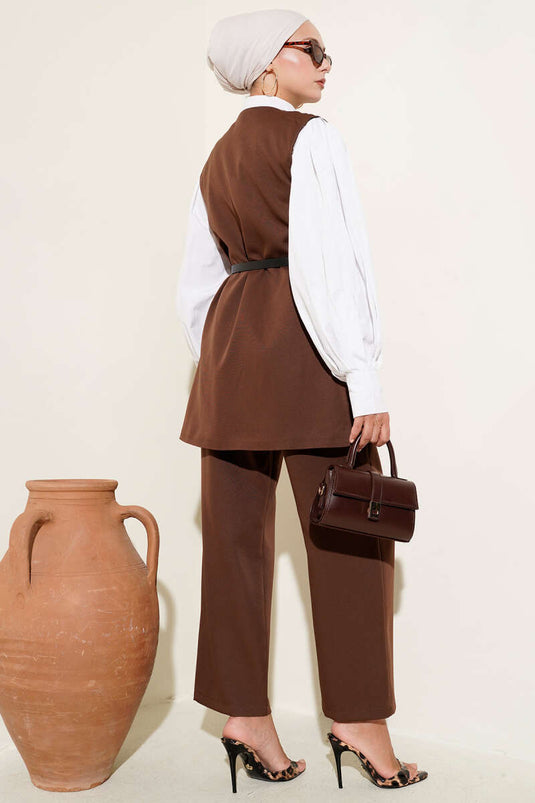 Kemerli Omuz Düğmeli Yelek İkili Takım Kahve