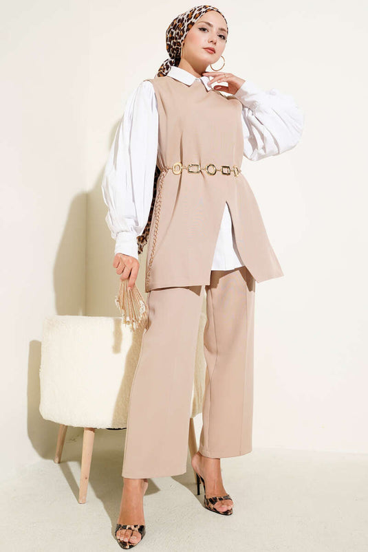 Kemerli Omuz Düğmeli Yelek İkili Takım Latte