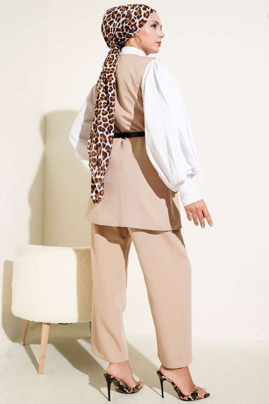 Kemerli Omuz Düğmeli Yelek İkili Takım Latte