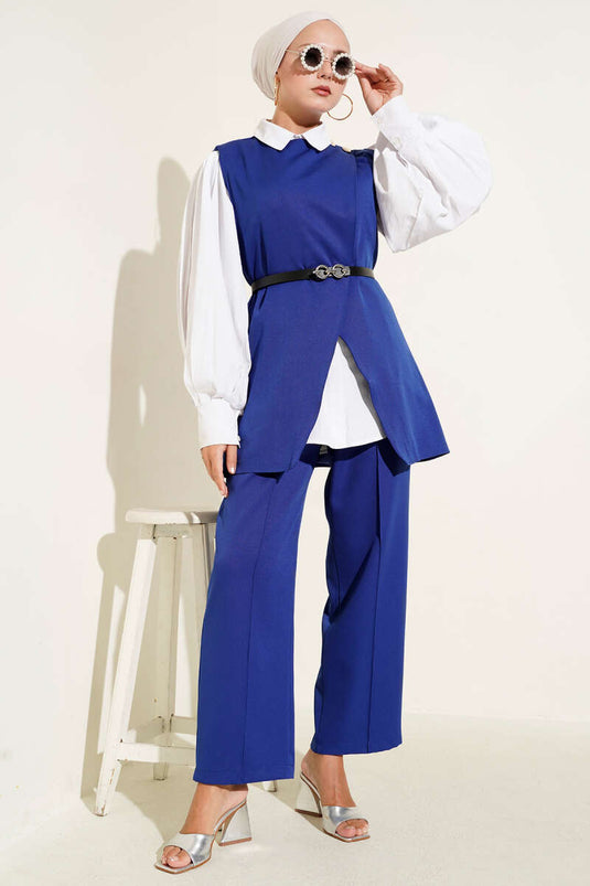 Kemerli Omuz Düğmeli Yelek İkili Takım Saks