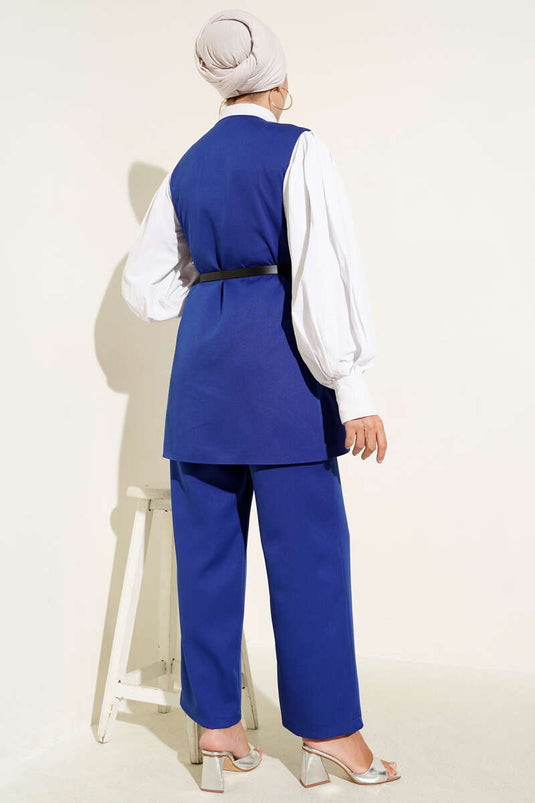 Kemerli Omuz Düğmeli Yelek İkili Takım Saks