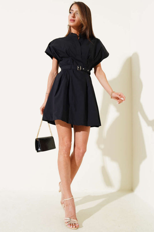 Kemerli Önü Pensli Mini Elbise Siyah