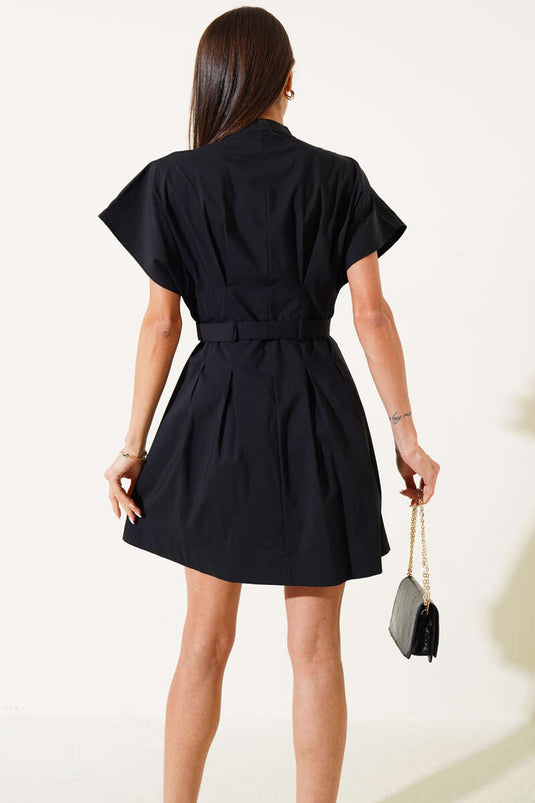 Kemerli Önü Pensli Mini Elbise Siyah