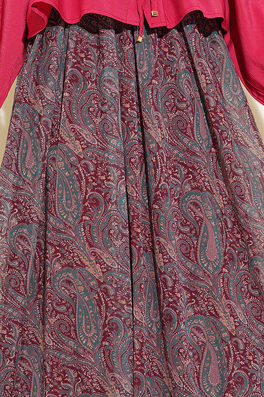 Gonna in chiffon con stampa paisley e cintura, bordeaux