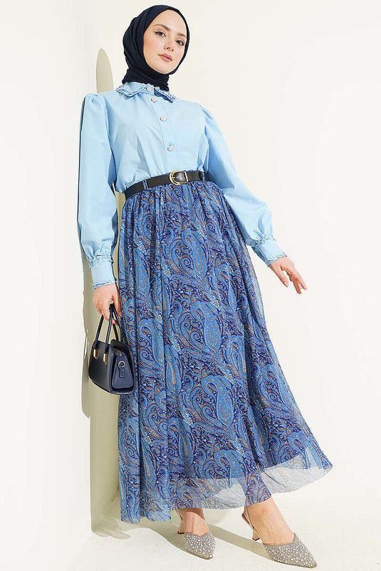 Gonna in chiffon con stampa paisley e cintura blu