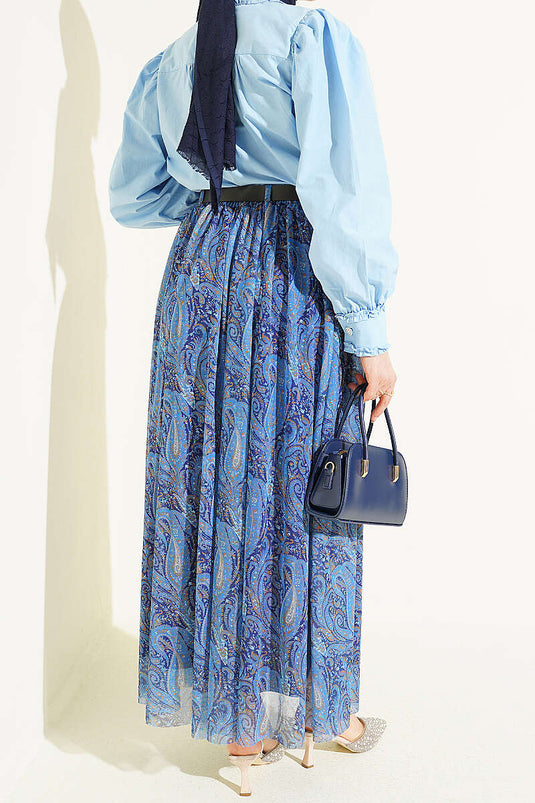 Gonna in chiffon con stampa paisley e cintura blu