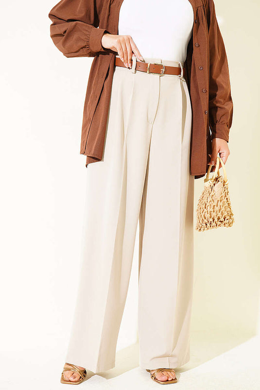 Pantaloni Palazzo In Tessuto Beige Con Cintura